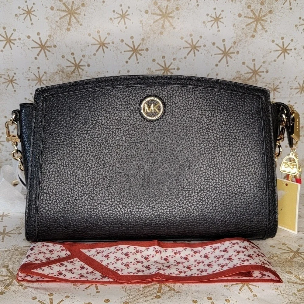 Michael Kors Crossbody Black Leather Bag Scarf and Charm‎